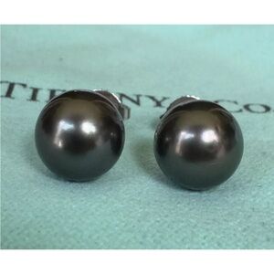 Tiffany & Co. 18K White Gold Tahitian Black Pearl 9-10mm Stud Earrings